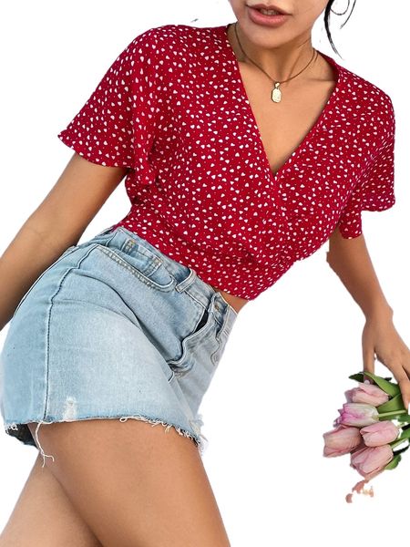 

heart & polka dot print butterfly sleeve crop blouse l5sl#, White
