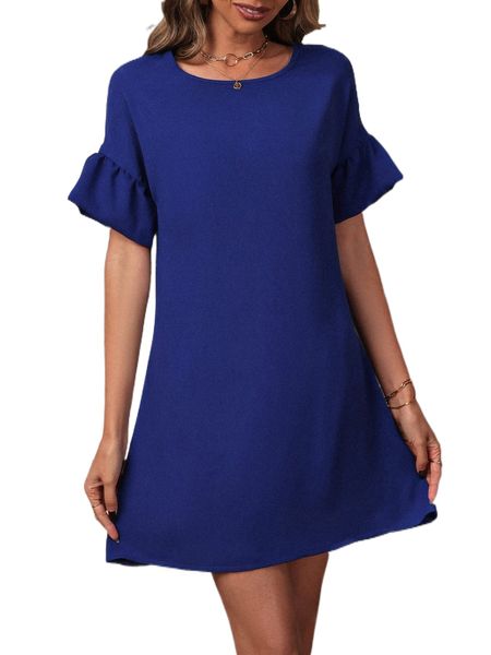 

solid keyhole back ruffle sleeve dress s8oa#, Black;gray