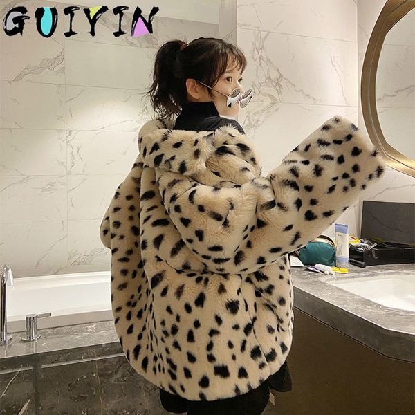 New Winter Winter Faux Ful Women Leopard Print Casat Langa Longa Turn Down Collar Jackets Casual feminino de duas falhas de pêlo curto T220716