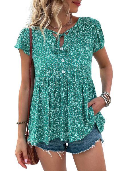 

ditsy floral print tie neck petal sleeve peplum blouse 37m6#, White