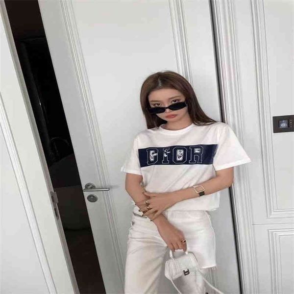 

2022 brand t shirt european station star same 21fw summer elf letter d printed r round neck t-shirt m, White;black