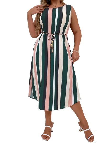 

plus colorful striped split side belted dress 42ne#, Black