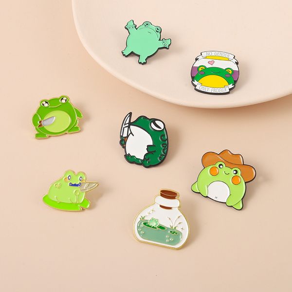 

frog holding knife brooch cute anime movies games hard enamel pins collect metal cartoon brooch backpack hat bag collar lapel badges, Blue
