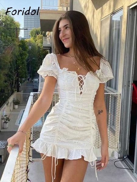 

lace up embriodery white summer dress women hollow out beach short puff sleeve ruffle ruched bodycon mini vestidos, Black;gray