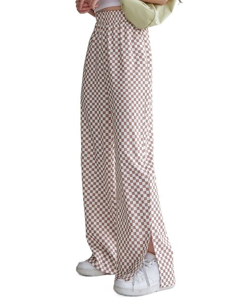 

dazy checkered print split hem wide leg pants y0ka#, Black;white