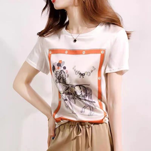 

silk t-shirt women's short sleeve 2022 summer new printed small shirt high-end half sleebottom shirt trend fas, White