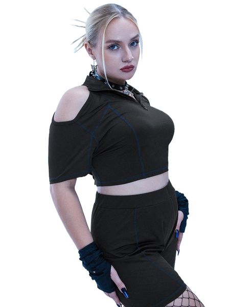 

plus cold shoulder stitching half zip crop tee w42b#, Black