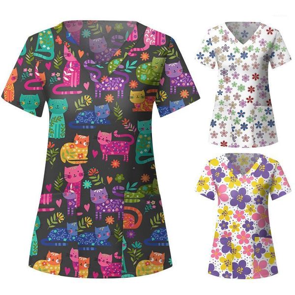 Blusas Femininas Camisas Manga Curta Decote em V Top Padrão Flor Uniforme de Trabalho de Enfermagem Tops 2022 Blusa Elegante