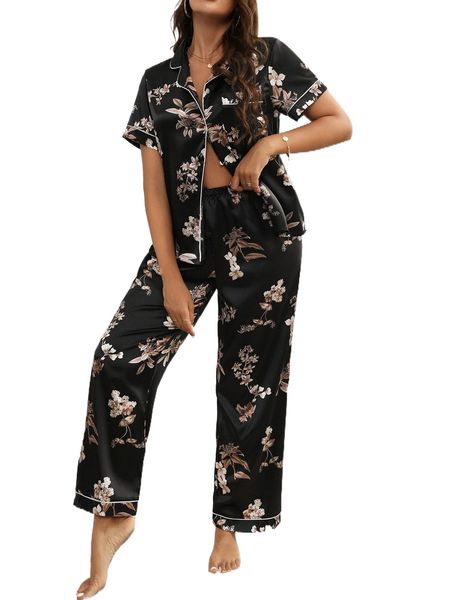 

floral print contrast piping satin pj set c0ct#, Black;red