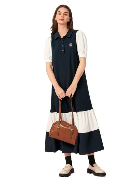 

puff sleeve embroidery detail colorblock shirt dress k0oa#, Black;gray