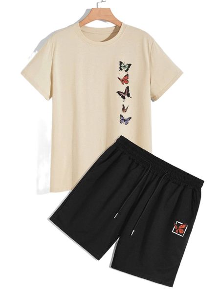 

men butterfly print tee & drawstring waist shorts w4vm#, Gray