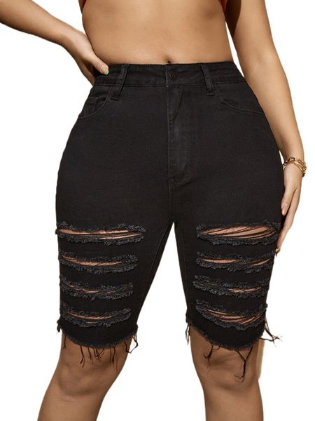 

sxy ripped raw hem denim shorts i85n#, White;black
