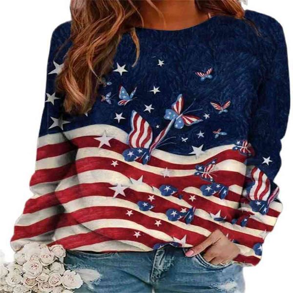 Primavera/outono 2022 Moda Europa-USA Mulheres/Garotas de colarinho redondo estampa listrada com manga longa Sweothirs soltas S-3XL L220706