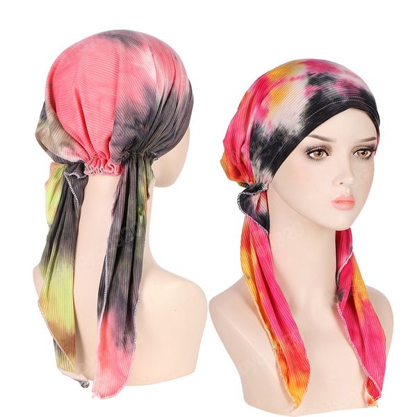 

women muslim hijab cancer chemo caps tie-dye turban cap hair loss headscarf elastic cotton pre-tied hijab scarf headwear, Blue;gray