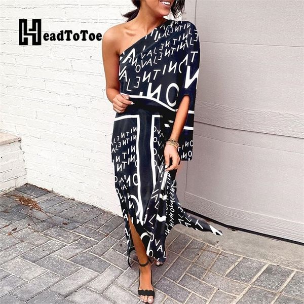 

letter print one shoulder dress women high slit ankle length casual summer dress streetwear t200603, White;black