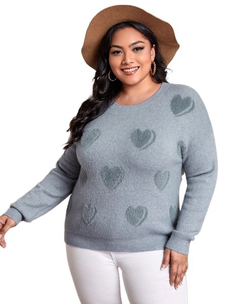 

plus heart pattern drop shoulder sweater e03k#, Black