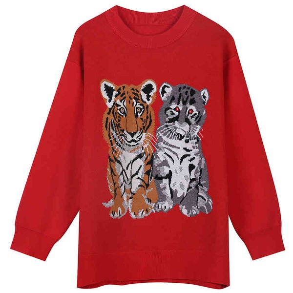 

women's sweaters street autumn and winter color contrast tiger animal embroidery lazy wind slim round neck pullover year's sweater, White;black