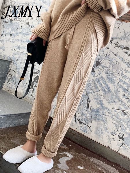 

jxmyy winter thicken women harem pants casual drawstring twisted knitted pants femme chic warm female sweater trousers 220328, Black;white