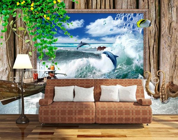 Luxo High End Wallpaper 3D Mural Dolphin estereoscópico wallpapers para paredes Café sala de estar quarto de impressão HD foto Murais Decoração TV cenário