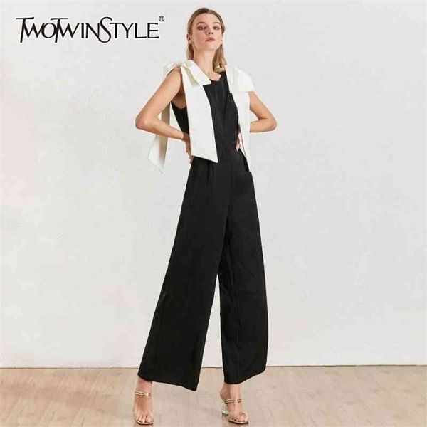 

twotwinstyle bowknots patchwork women jumpsuit o neck sleeveless hit color party jumpsuits female summer fashion new 210326, Black;white