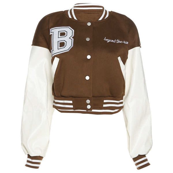 

sports womens jacket coat national fashion long sleeve leather sleeve red school uniform bomb button closed short baseball suit, Black;brown