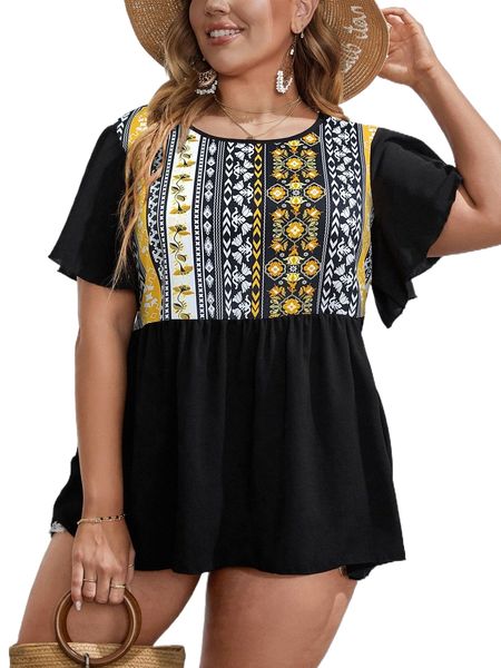 

plus geo print butterfly sleeve peplum blouse w2mb#, Black