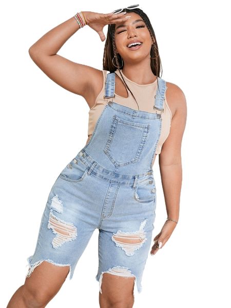 

plus ripped raw trim denim overall romper without tank p6ks#, Black;white