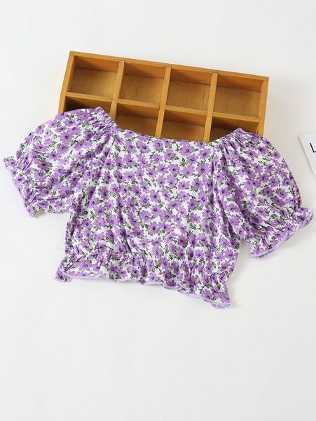 

little girl's allover floral ruffle sleeve shirt she, White;black