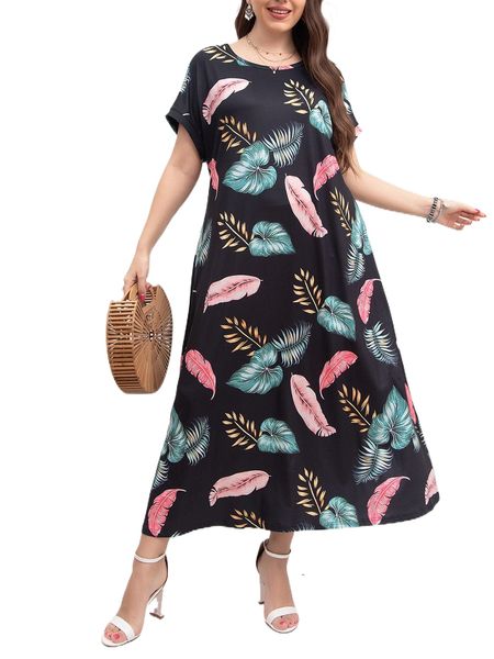 

plus tropical print batwing sleeve tee dress c8na#, Black