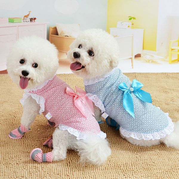 Frühling Sommer Hundebekleidung Punktmuster mit Schleifenknoten Haustierkleidung Hemdkleid Bequeme Spitze Spitze Passendes Katzen-Hunde-Outfit Rosa Blau Wholeale 1222596