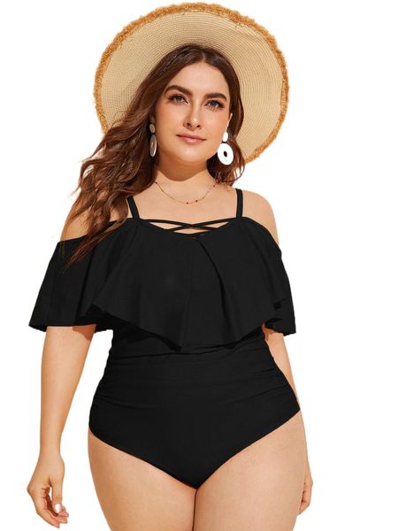 

plus flounce ruched one piece swimsuit 58nc#, White;black