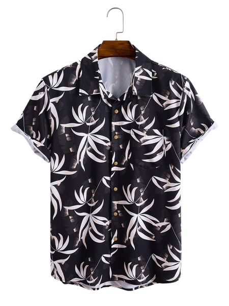 

men random tropical print patched pocket shirt w2d5#, White;black