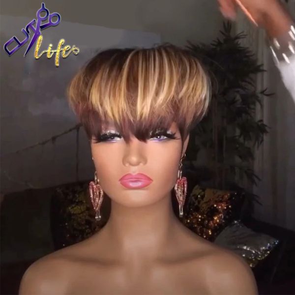 

ombre brown pixie short cut human hair straight wigs glueless brazilian remy hair for women full machine made, Black
