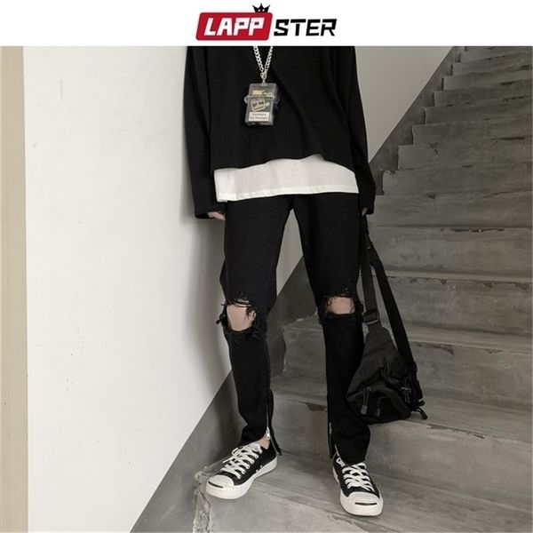 LAPPSTER Uomo Hip Hop Jeans strappati neri Uomo coreano Streetwear Pantaloni skinny in denim Moda maschile Jeans a vita alta effetto consumato 201123