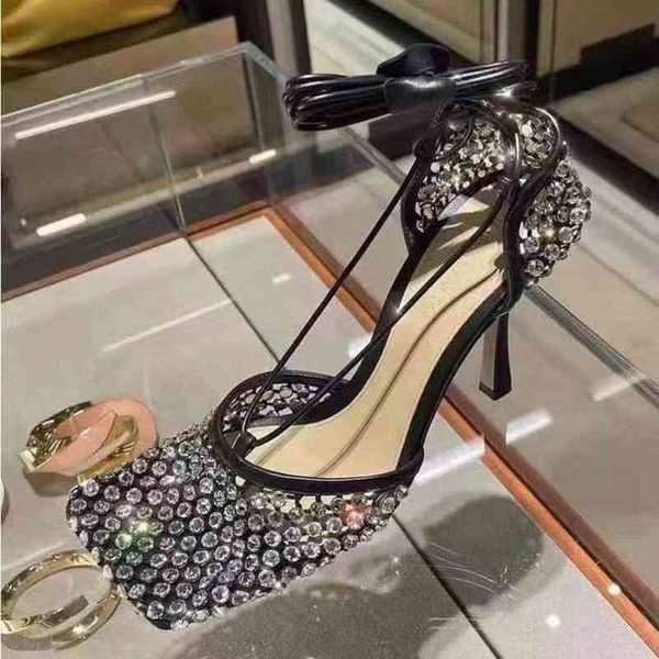Женские босоножки на высоком каблуке 9 см, босоножки с кристаллами, женские туфли на каблуке с ремешком на щиколотке, летние туфли-лодочки со стразами 0211