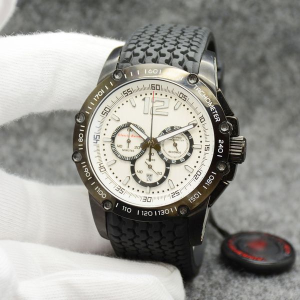 

retro style mens watch classic racing superfast chrono quartz watches on a symbolic tread pattern pvd black case silver dial rubber band, Slivery;brown