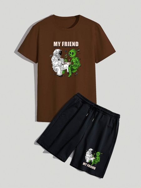 

romwe guys letter astronaut & alien graphic tee & drawstring shorts e588#, Gray