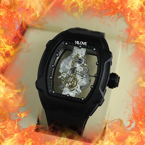 

43mm barrel shape luxury men watch skeleton design rubber quartz watches famous designer man sports wristwatch, Slivery;brown
