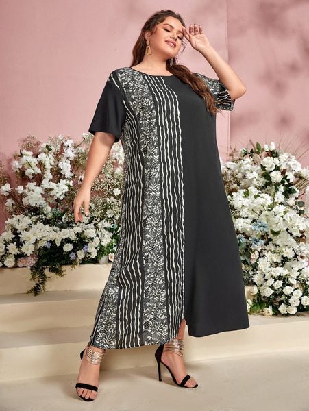

plus drop shoulder floral graphic split hem tunic dress 17eh#, Black