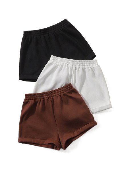 

3pcs solid roll hem elastic waist shorts s0rd#, White;black