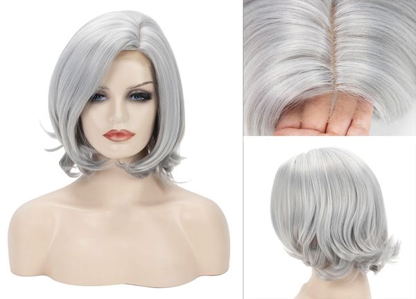

new short gray hairs small lace human hair synthetic wig, Black;brown
