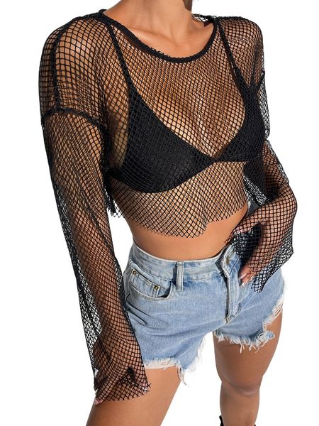 

drop shoulder crop fishnet without bra a8as#, White