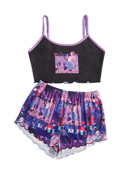 

romwe anime figure graphic lettuce trim pj set k5s7#, Black;red