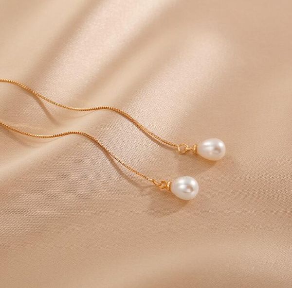 

7-8mm s925 silver needle ear studs ear line dangle & chandelier natural freshwater pearl earrings white lady/girl fashion jewelry, Golden;silver