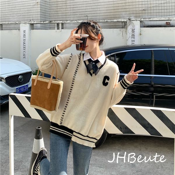 

fashion 2022 beige fake two piece knit sweater women korean style printed v-neck long sleeve oversize jumper pullover female top, White;black