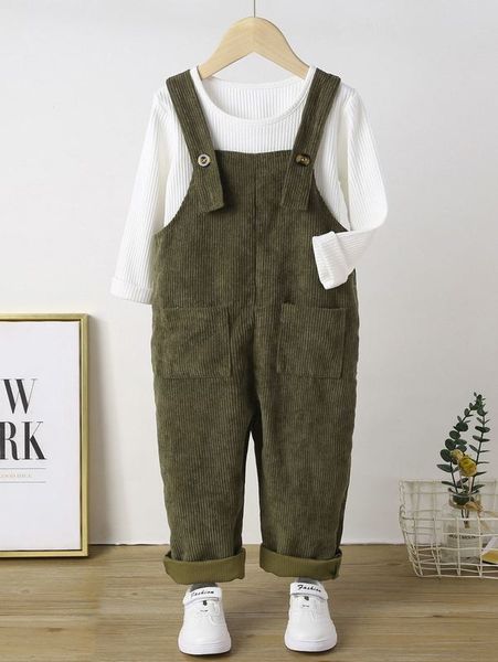 

toddler girls ribbed knit tee & pocket patched overall jumpsuit she01, White