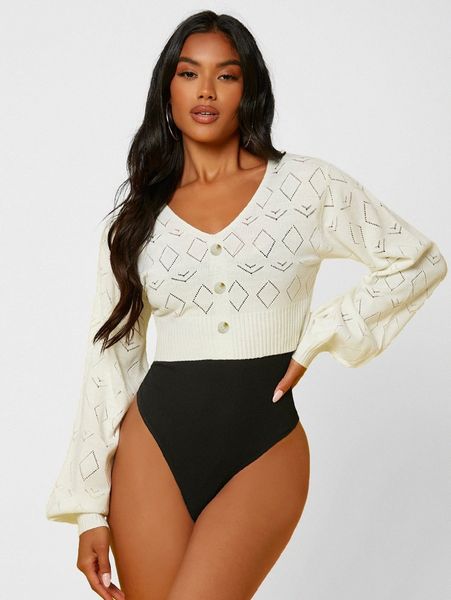 

sxy pointelle knit lantern sleeve sweater v5dq#, White;black