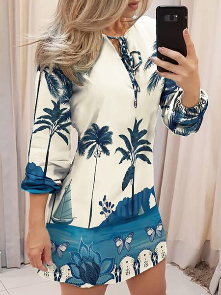 

tropical print tie front long sleeve dress 220721, Black;gray