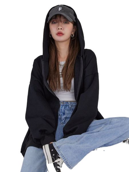 

dazy drop shoulder drawstring zipper oversized hoodie c5gv#, Black