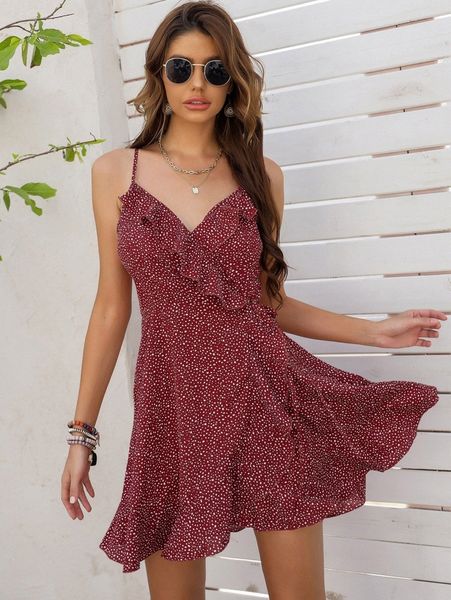 

surplice neck knot ruffle trim dalmatian cami dress o1if#, Black;gray